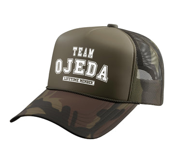 Team OJEDA Lifetime Member Family Last Name Trucker Hat with Adjustable Mesh Back by OJEDA Family Apparel – Polyester, Camo Green