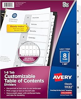 Avery Table of Contents Dividers, 8-Tab, White, 1 Set