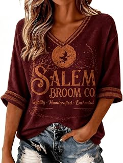 Women's Halloween T Shirts Casual Witch Graphic V Neck 3/4 Sleeve Loose Blouses Fall Comfortable Light Dressy Tops