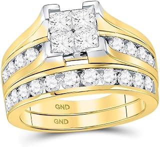 14k Yellow OR White Gold Diamond Ladies Womens Bridal Engagement Ring with Matching Wedding Band Two 2 Ring Set Invisible Solitaire Style Center Setting with Side Stones Channel Set Princess and Round Cut Diamond Ring (2.0 cttw)