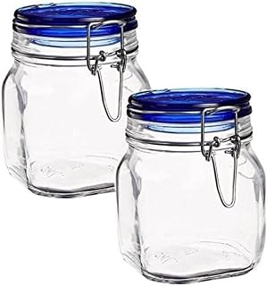 Bormioli Rocco Fido Glass Jars, Blue Lids – Food Storage Containers with Airtight Seal – 25.25 oz Clamp Lock Canisters for Dry Foods, Appetizers & Desserts – Italian Glass, Dishwasher Safe (Set of 2)