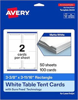 Avery Printable Rectangle Table Tent Cards, 3-3/8" x 3-11/16", Matte White, Sure Feed Technology, Print-To-The-Edge Capability, Laser/Inkjet Compatible, 100 Total, Ideal for Packaging, and Displays