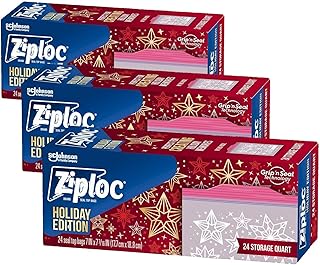 Ziploc Quart Food Storage Bags, Grip 'n Seal Technology for Easier Grip, Open, and Close, 24 Count, Holiday Designs, Packaging May Vary (Pack of 3)