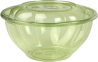Vegware Compostable Clear Green 32oz Plastic Salad Bowls and Lids, Case of 150, Round Petal Shaped, Renewable Plant-Based PLA, Lids Included, Disposable, Cold Grain Bowls or Fruit Containers