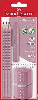 Faber-Castell Grip 2001 580073 Pencil Set Three Pencils Hardness B with Eraser and Sharpener Rose Shadows, pink