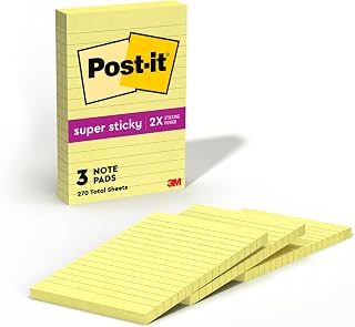 Post-it Super Sticky Lined Notes, 3 Sticky Note Pads, 4 x 6 in., School Supplies, Office Products, StickyNotes for Vertical Surfaces, Monitors, Walls and Windows, Canary Yellow (Pack of 8)