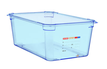 ABS (BPA Free) Blue Container - GN 1/1 200mm by Araven – 200mm x 530mm x 325mm, 27.6 quarts, Acrylonitrile Butadiene Styrene (ABS), Blue, Model GP591