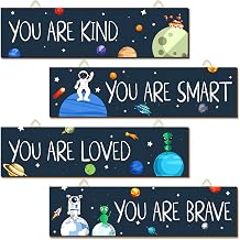 Chunful 4 Pcs Outer Space Classroom Decoration Astronaut Galaxy Adventure | Hanging Wooden Sign, Planet Solar System Wall Decor, Spaceman Inspirational Posters, for Room Bedroom Nursery