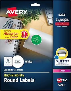 Avery Round Printable Labels, 1-2/3" Diameter, Matte White, Sure Feed® Technology, Laser & Inkjet Compatible, 600 Blank Labels Total, Great for Branding, Packages, School Supplies, and More (5293)