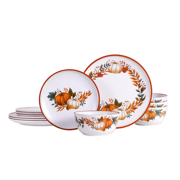 Molidiki Melamine Dinnerware Set, 12 Piece Pumpkin Design, For 4