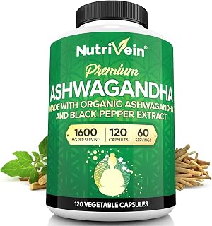 Nutrivein Ashwagandha Root 1600 mg with Black Pepper - 120 Vegan Capsules | High-absorption root powder for men and women. Supports mood balance, everyday calm, restful sleep, and focus. Non-GMO.