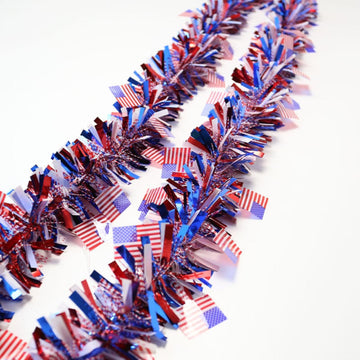 6.6Ft Patriotic Tinsel Garland with American Flag 4th of July Decorations Red White and Blue Glitter Metallic Foil Hanging Garland for Independence Day Memorial Day Holiday Party