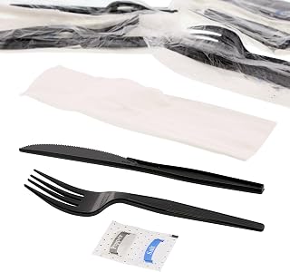 AmerCareRoyal 5-in-1 Disposable Silverware Heavy Duty Plastic Utensil Set with Fork, Knife, Salt & Pepper Packets, 13x17 inch 2-ply Napkin - Individually Wrapped Cutlery Meal Kit, Black, Case of 500