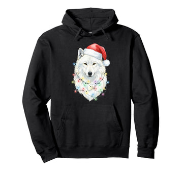 White Wolf Christmas Lights Festive Xmas Arctic Animal Pullover Hoodie by White Wolf - Christmas Apparel & Gifts – Black, Model PW26ACX2ATS