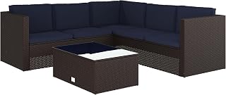 Flash Furniture Rattan Indoor/Outdoor Patio Set with Cushions, Brown/Navy | L-Shaped Sectional, Navy Cushions, Coffee Table with Side Lift Storage, PE Rattan Wicker, Indoor/Outdoor Use