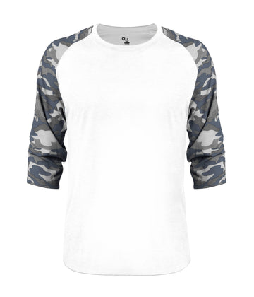 Vintage Camo Tri-Blend Baseball Tee by by Badger – Polyester Blend, Mercerized Cotton, Rayon, White/ Navy Vintage Camo