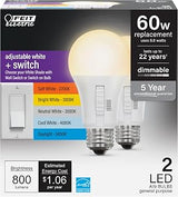 Feit Electric LED Light Bulbs - A19 60W Eq. Dimmable 5CCT + Switch - 2 Pack