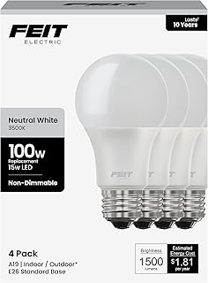 Feit Electric A19 LED Light Bulbs, 100W Equivalent, 1500 Lumens, Neutral White 3000K, 15W, 11,000-Hour Lifespan, General Purpose Indoor/Commercial Use, A1600/835/10KLED/4, 4 Pack
