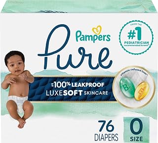 Pampers Pure Baby Diapers, Size 0 (>10 lbs), 76, Up to 100% Leakproof, Premium Hypoallergenic Soft Diapers