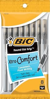 BIC Round Stic Grip Xtra Comfort Ballpoint Pen, Medium Point (1.2mm), Black, 8-Count