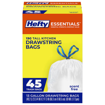 Essentials 13 Gallon Kitchen Trash Bags by Hefty – 45 Count (Pack of 1), 13.0 gallons, PE, White, Model E89050PR