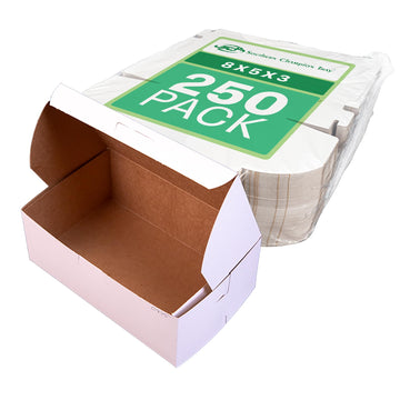 Premium Clay Coated Kraft Paperboard White Non-Window Lock Corner Bakery Box by SOUTHERN CHAMPION TRAY – 8" L x 5" W x 3" H - 250ct, Cardboard, White, Pack of 250, Model 0925