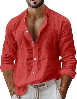 Mens Casual Linen-Like Shirts Button Down Long Sleeve V Neck Solid Top