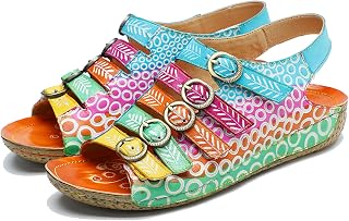 Riutiru Women's Handmade Lambskin Retro Casual Sandals for Spring and Summer, Contrast 3D Color-blocking Flower Comfortable High-heeled Sandals for Women