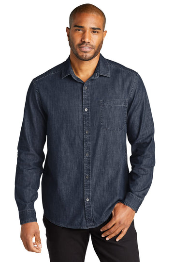 Men's Long Sleeve Perfect Denim Shirt by Port Authority – Metal, Dark Wash, Model W676