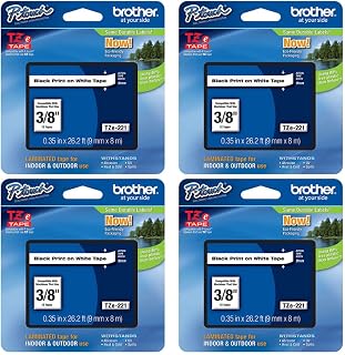 Brother Genuine P-Touch 4-Pack TZe-221 Laminated Tape, Black Print on White Standard Adhesive Laminated Tape for P-Touch Label Makers, Each Roll is 0.35"/9mm (3/8") Wide, 26.2 (8M) Long