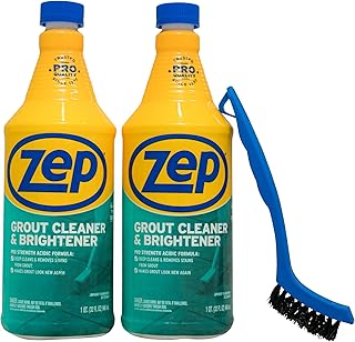 Zep Grout Cleaner and Brightener and Easy to Use Handheld Brush - 32 oz (Case of 2) - ZU104632 - Deep Cleaning Formula Removes Old Stains From Grout