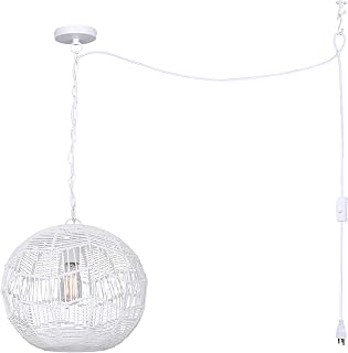 Canarm Houda Point 1-Light Swag Pendant — White Finish, Woven Boho Design Plug-in, Renter Friendly Lighting Ideal for Bedrooms, Living Rooms, Dining Rooms