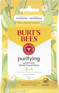 Burt's Bees Purifying Facial Towelettes With White Tea, Pre-Moistened Towelettes for All Skin Types, 99.1 Percent Natural Origin Skin Care, 10 ct. Package
