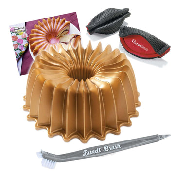 Bundt Cake Pan Gold - Cleaning Tool & Pot Holder by Nordic Ware – Large, 10.0 cups, Aluminum, Gold, Model NW857BK1