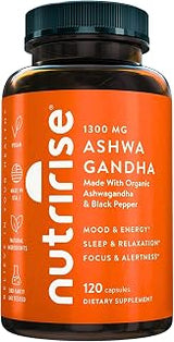 NutriRise Organic Ashwagandha Root Capsules with Black Pepper, 1300mg, Natural Stress & Mood, Thyroid, and Immune Support Supplement, Clarity, Focus & Energy, Gluten Free, 120 Count