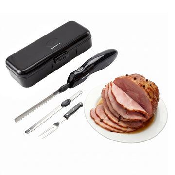 Ovente Electric Knife Set with Two Blades and Carving Fork, Black