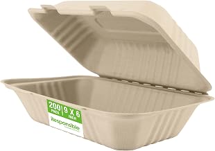 Responsible Products 9 x 6 inch Hinged Containers, Tree-Less™ Compostable Molded Fiber Takeout Containers, Extra Strength, Tree-Free and Made Without PFAS, Natural Brown (200 Count)