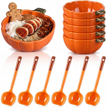 Rtteri Ceramic Pumpkin Soup Bowls with Spoons, 19 oz, Set of 6