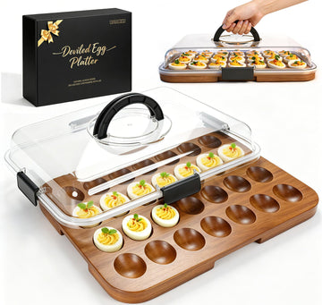 Renmxj Deviled Egg Tray, Acacia Wood Base with 28 Slots, Black