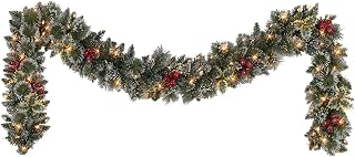 Christmas Garland with Lights, Lighted Xmas Garlands with Timer, Prelit Pine Cone Christmas Berry Garlands Battery Powered Outdoor String Light for Party, Home Decoration,9ft
