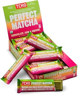 TCHO Perfect Matcha Chocolate Bar (18 pack) | 100% Plant-Based, Organic Oat-Milk White Chocolate with Matcha Shell and Strawberry Filling | Vegan, Soy-Free, Gluten-Free, Individually Wrapped Pure Cacao Bars | Perfectly Balanced Earthy & Fruity Treat (0.70oz each)