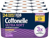 Cottonelle Ultra Soft Toilet Paper, 24 Family Mega =108 Regular Rolls, White