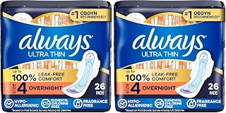 Always Ultra Thin Pads for Women, Size 4 Overnight Absorbency, Unscented with Wings, 26 Count (Pack of 2)