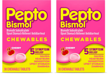 Cherry Chewable Tablets by Pepto Bismol – 30 Count (Pack of 2), Plastic, Cherry, Pack of 2, Model 301490039786