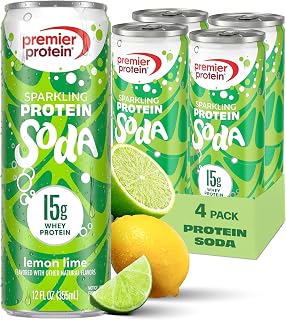 Premier Protein Sparkling Protein Soda, Lemon Lime, 15g Whey, 4 Pack | Soft Drink with Benefits, Clear Protein Pop, 5 Ingredients, No Artificial Colors or Flavors, 3g Sugar, 12 oz