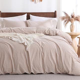 Cotton Brown Gingham Duvet Cover Bedding Set Linen Like, King