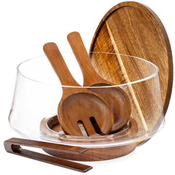 Oria Cook Glass Serving Bowl with Lid, 5.7 Liter, Clear with Acacia Wood Utensils