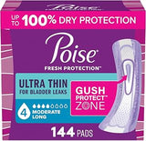Poise Ultra Thin Incontinence Pads for Women, 4 Drop, Long, 144 ct