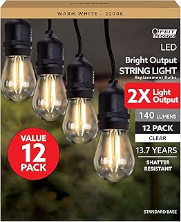 Feit Electric S14 LED Filament Light Bulbs, High Output, 2200K Warm White, 140 Lumens, String Light Replacement Bulbs, 15,000-Hour Lifespan, Clear Durable Housing, S14HO/822/FIL/12, 12 Pack