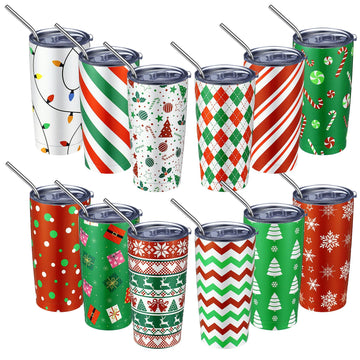 Lemosae Christmas Tumblers, 20oz Insulated Stainless Steel, Set of 12 Stripe Style